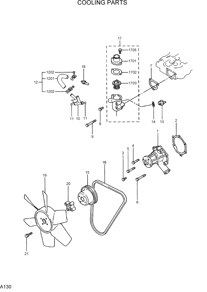Схема запчастей Hyundai R22-7 - PAGE A130 COOLING PARTS ДВИГАТЕЛЬ БАЗА