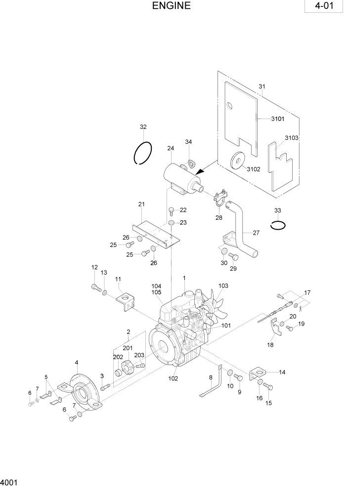 Схема запчастей Hyundai R28-7 - PAGE 4001 ENGINE ДВИГАТЕЛЬ & РАДИАТОР СХЕМА