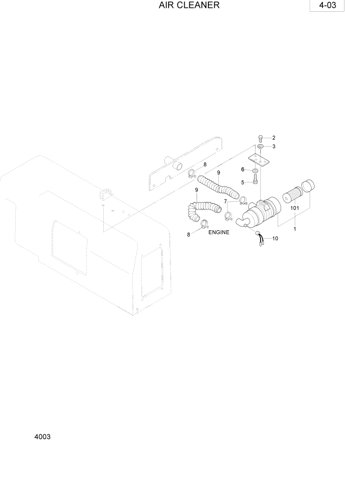 Схема запчастей Hyundai R28-7 - PAGE 4003 AIR CLEANER ДВИГАТЕЛЬ & РАДИАТОР СХЕМА