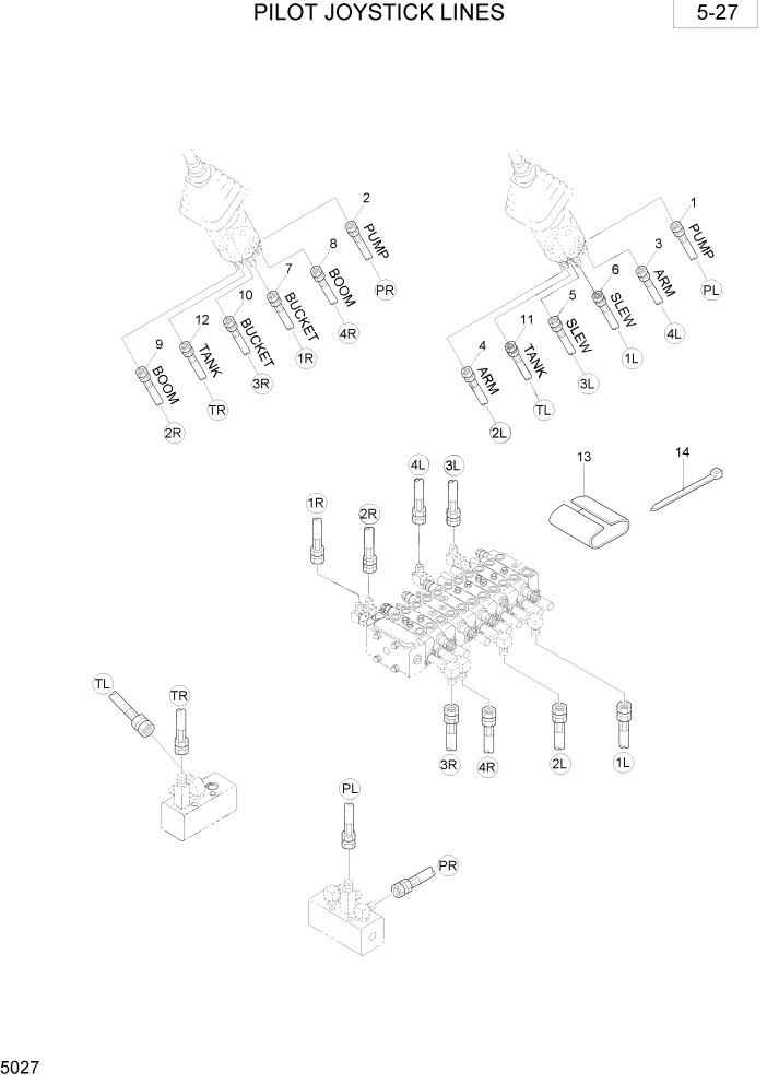 Схема запчастей Hyundai R28-7 - PAGE 5027 PILOT JOYSTICK LINES ГИДРАВЛИЧЕСКОЕ ОБОРУДОВАНИЕ