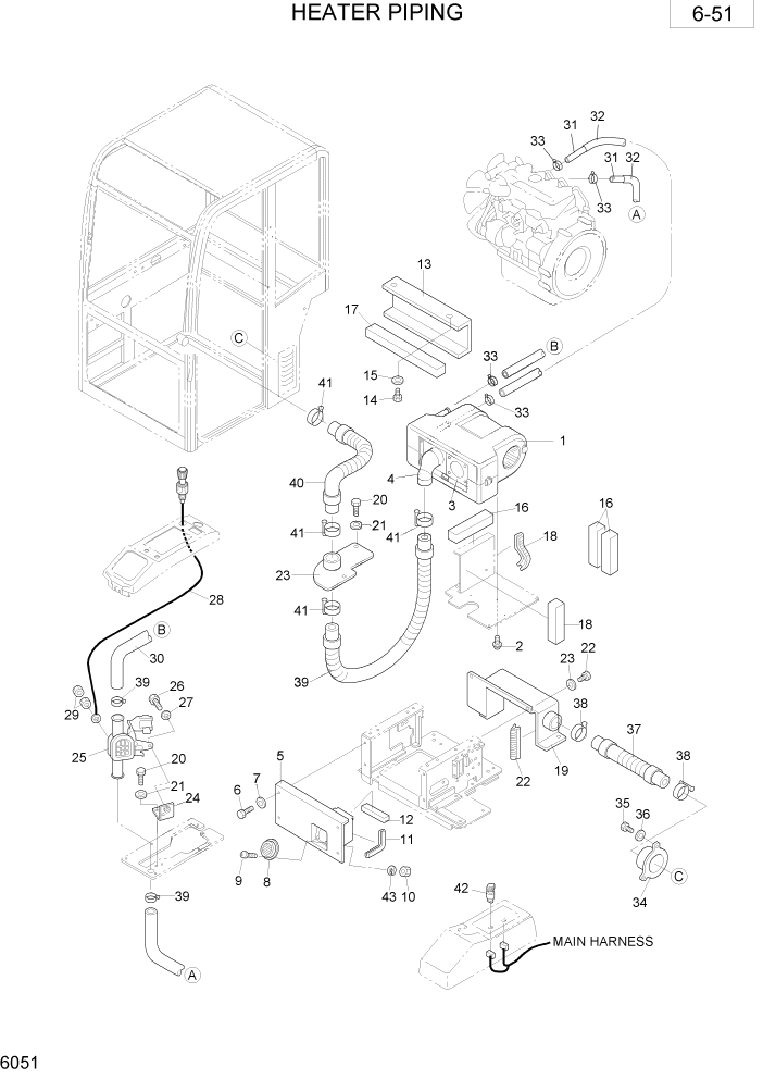 Схема запчастей Hyundai R28-7 - PAGE 6051 HEATER PIPING ОБОРУДОВАНИЕ ОПЕРАТОРА