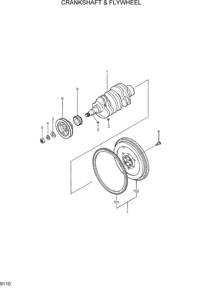 Схема запчастей Hyundai R28-7 - PAGE 9110 CRANKSHAFT & FLYWHEEL ДВИГАТЕЛЬ БАЗА