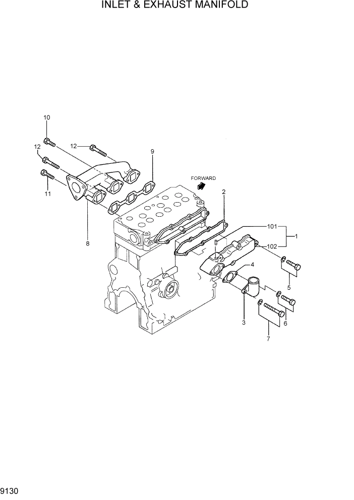 Схема запчастей Hyundai R28-7 - PAGE 9130 INLET & EXHAUST MANIFOLD ДВИГАТЕЛЬ БАЗА