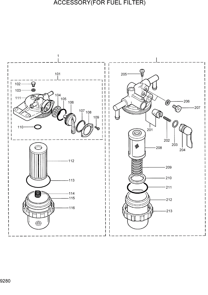 Схема запчастей Hyundai R35-7 - PAGE 9280 ACCESSORY(FOR FUEL FILTER) ДВИГАТЕЛЬ БАЗА