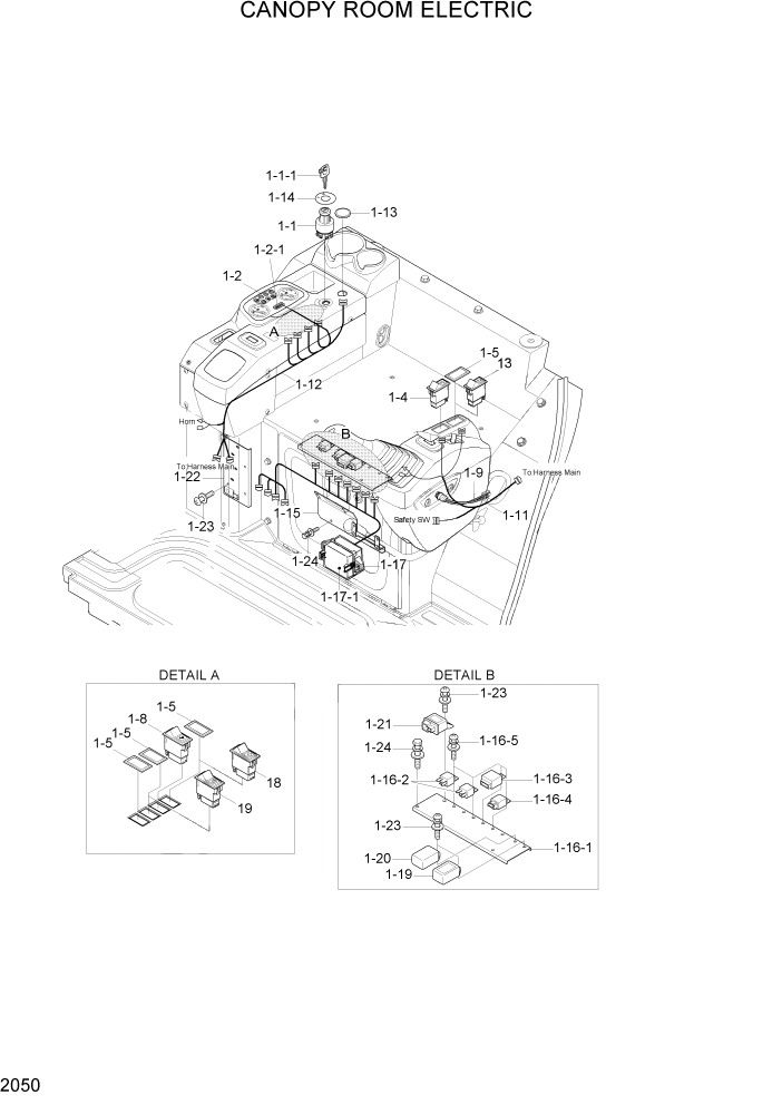 Схема запчастей Hyundai R35-7Z - PAGE 2050 CANOPY ROOM ELECTRIC ЭЛЕКТРИЧЕСКАЯ СИСТЕМА