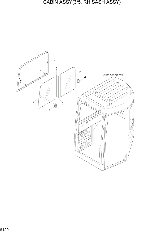 Схема запчастей Hyundai R35-7Z - PAGE 6120 CABIN ASSY(3/5, RH SASH) СТРУКТУРА