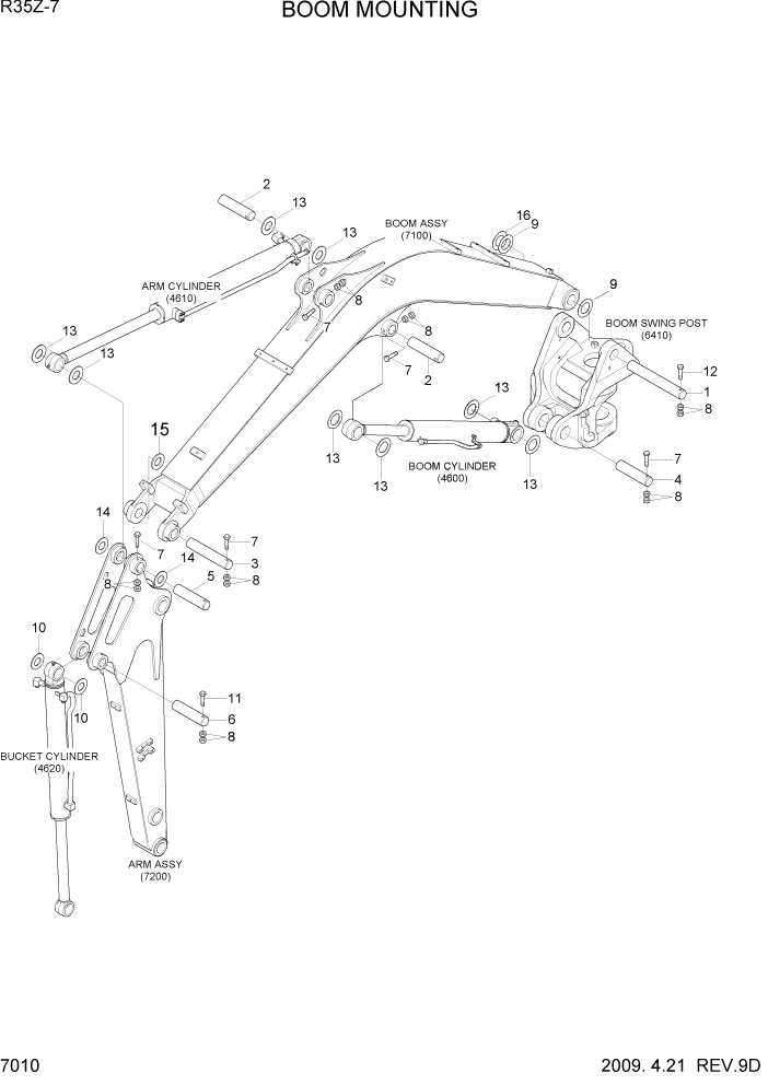 Схема запчастей Hyundai R35-7Z - PAGE 7010 BOOM MOUNTING РАБОЧЕЕ ОБОРУДОВАНИЕ