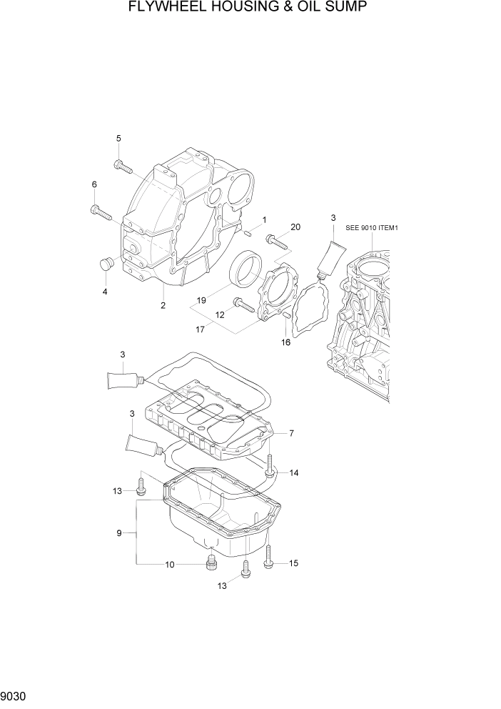 Схема запчастей Hyundai R35-7Z - PAGE 9030 FLYWHEEL HOUSING & OIL SUMP ДВИГАТЕЛЬ БАЗА