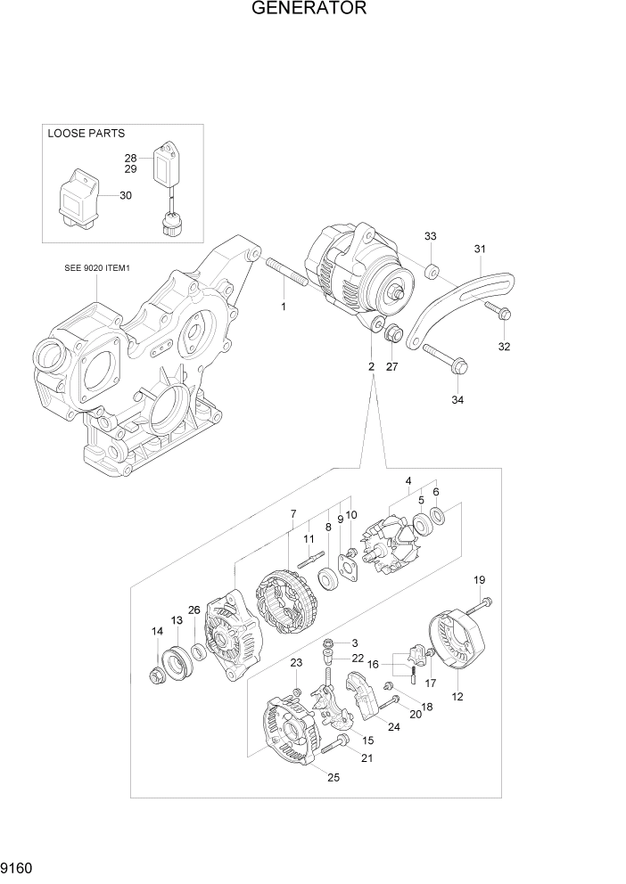 Схема запчастей Hyundai R35-7Z - PAGE 9160 GENERATOR ДВИГАТЕЛЬ БАЗА