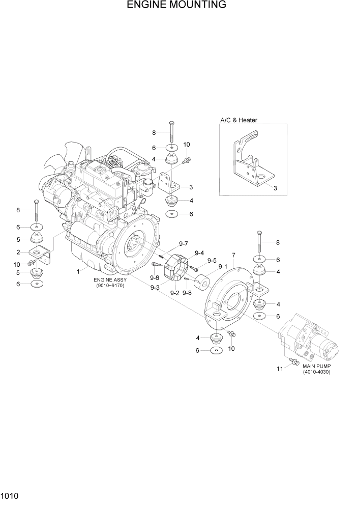 Схема запчастей Hyundai R35Z-7A - PAGE 1010 ENGINE MOUNTING СИСТЕМА ДВИГАТЕЛЯ