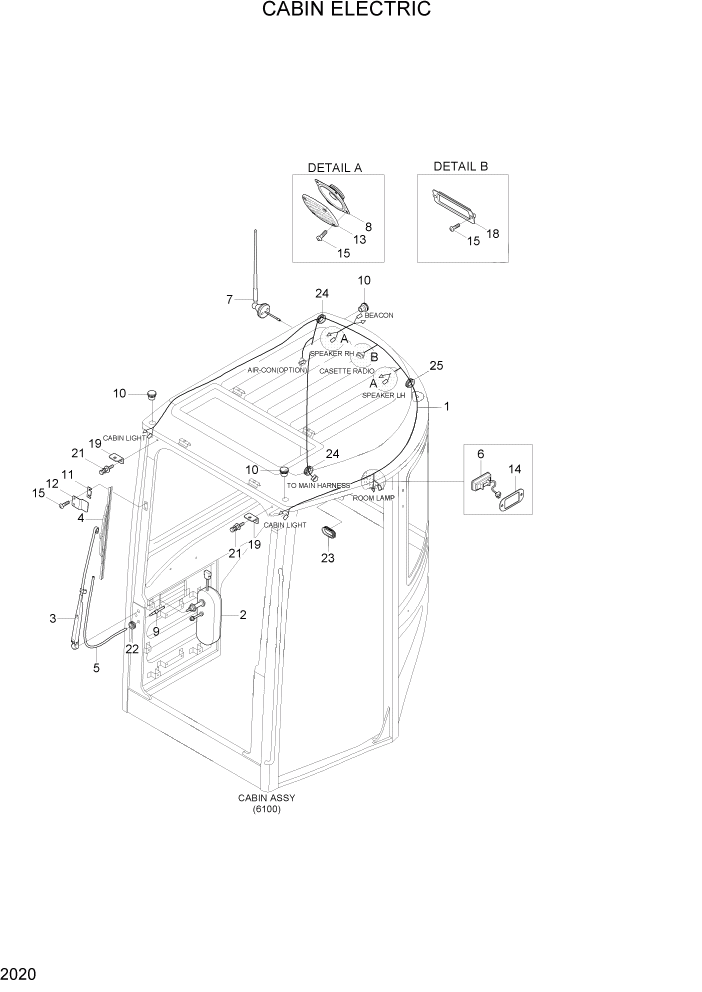 Схема запчастей Hyundai R35Z-7A - PAGE 2020 CABIN ELECTRIC ЭЛЕКТРИЧЕСКАЯ СИСТЕМА