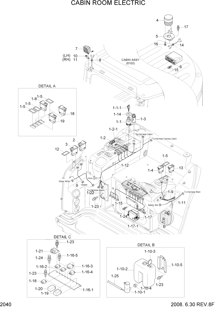 Схема запчастей Hyundai R35Z-7A - PAGE 2040 CABIN ROOM ELECTRIC ЭЛЕКТРИЧЕСКАЯ СИСТЕМА