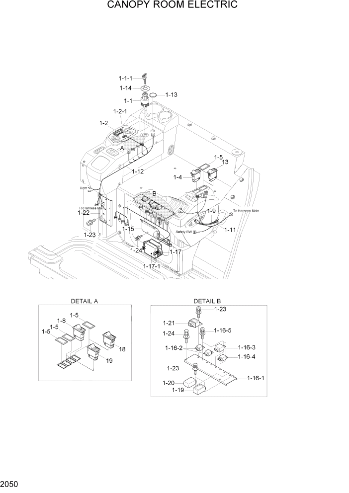 Схема запчастей Hyundai R35Z-7A - PAGE 2050 CANOPY ROOM ELECTRIC ЭЛЕКТРИЧЕСКАЯ СИСТЕМА