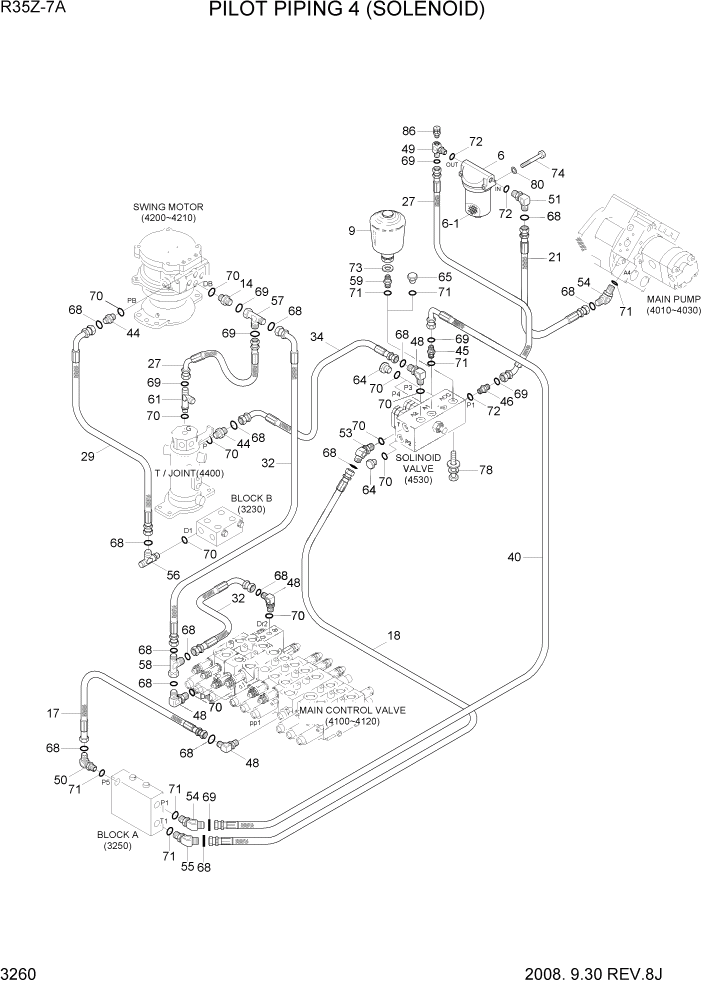 Схема запчастей Hyundai R35Z-7A - PAGE 3260 PILOT HYD PIPING 4 (SOLENOID) ГИДРАВЛИЧЕСКАЯ СИСТЕМА