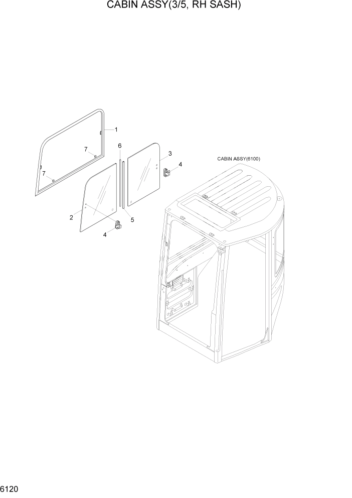 Схема запчастей Hyundai R35Z-7A - PAGE 6120 CABIN ASSY(3/5, RH SASH) СТРУКТУРА