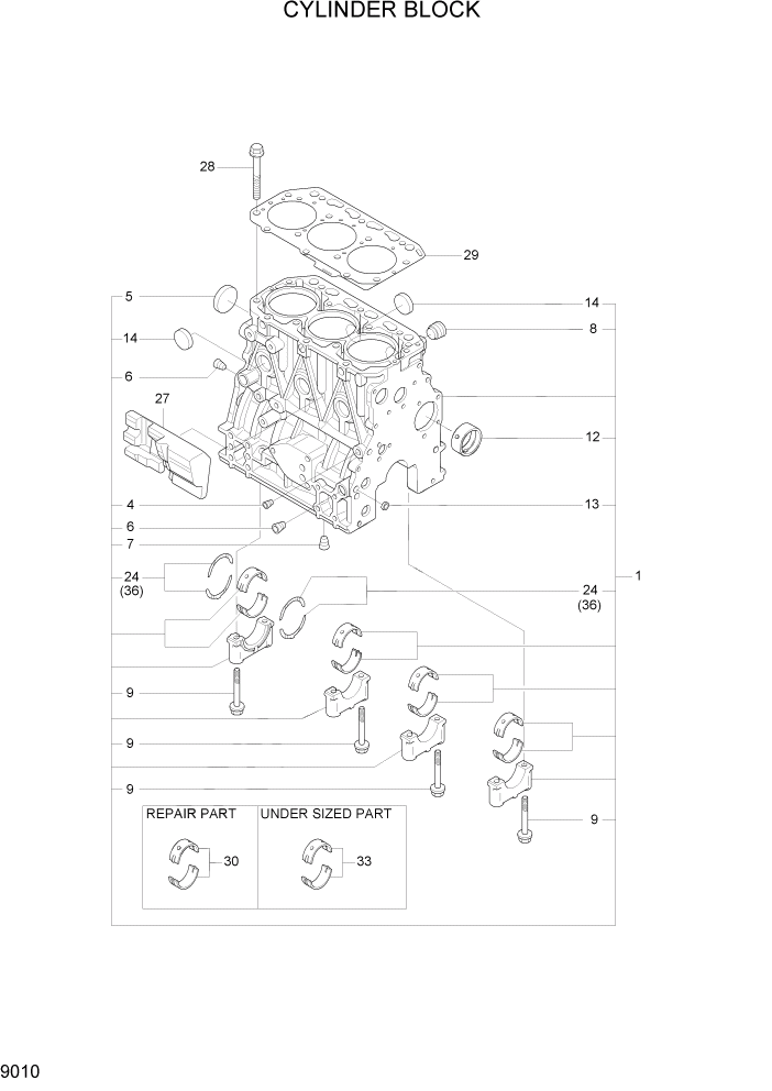 Схема запчастей Hyundai R35Z-7A - PAGE 9010 CYLINDER BLOCK ДВИГАТЕЛЬ БАЗА