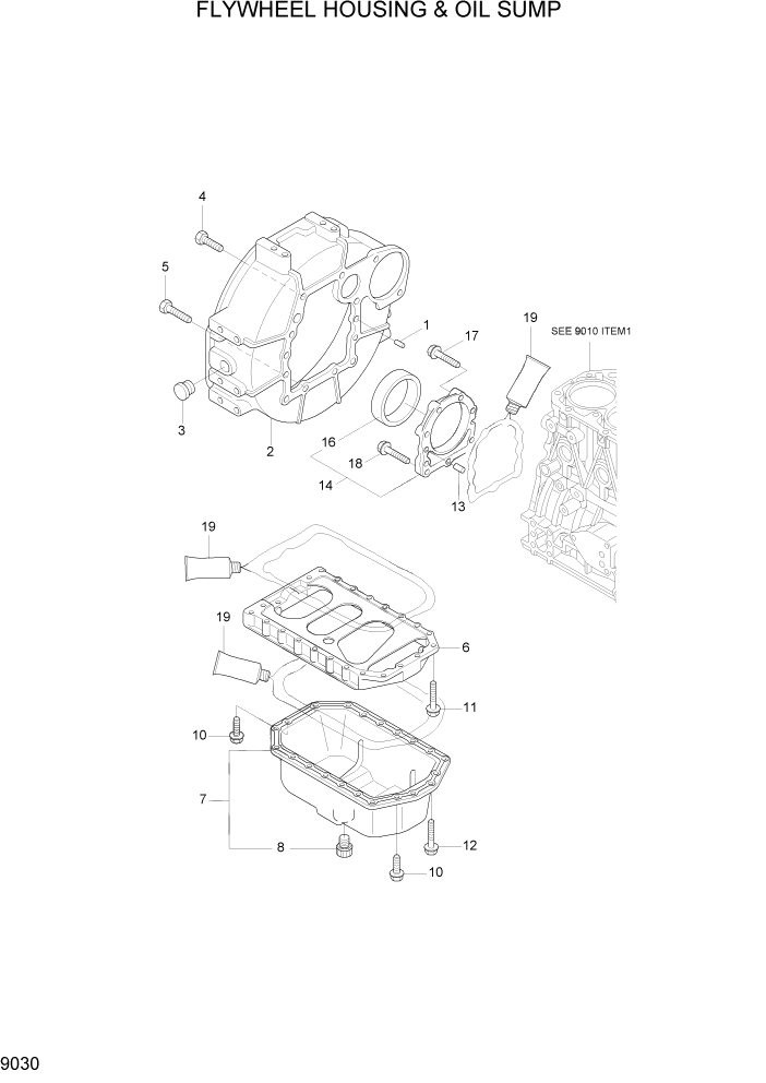 Схема запчастей Hyundai R35Z-7A - PAGE 9030 FLYWHEEL HOUSING & OIL SUMP ДВИГАТЕЛЬ БАЗА