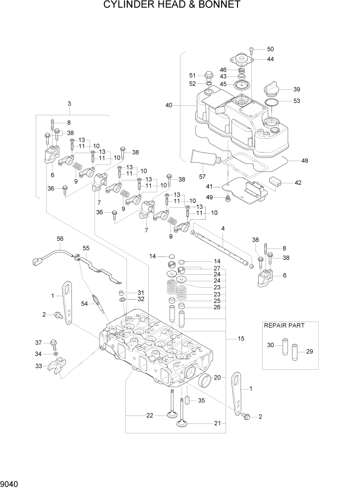 Схема запчастей Hyundai R35Z-7A - PAGE 9040 CYLINDER HEAD & BONNET ДВИГАТЕЛЬ БАЗА