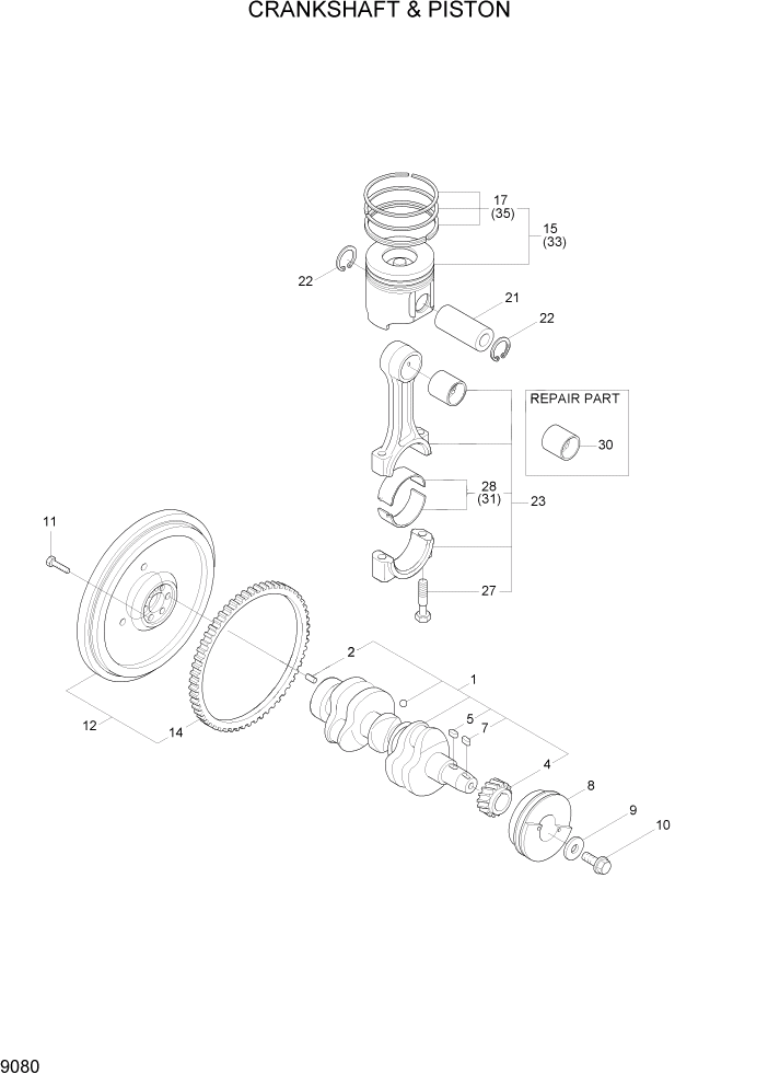 Схема запчастей Hyundai R35Z-7A - PAGE 9080 CRANKSHAFT & PISTON ДВИГАТЕЛЬ БАЗА