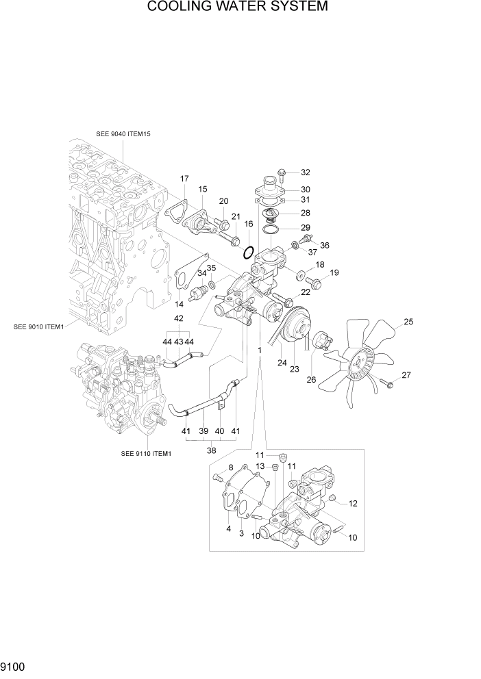 Схема запчастей Hyundai R35Z-7A - PAGE 9100 COOLING WATER SYSTEM ДВИГАТЕЛЬ БАЗА