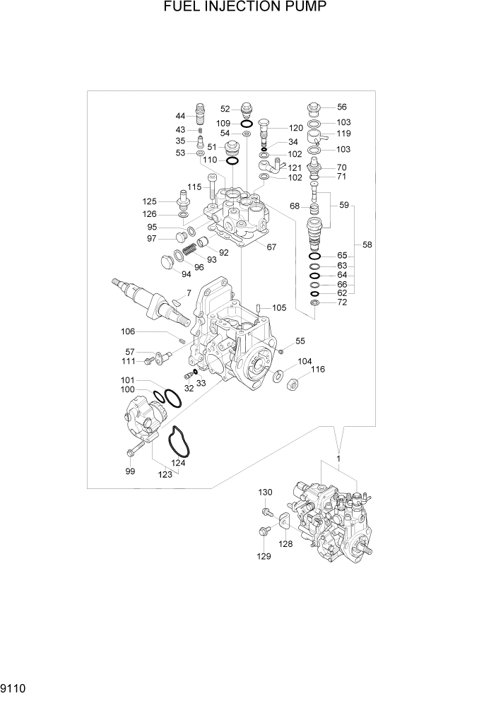 Схема запчастей Hyundai R35Z-7A - PAGE 9110 FUEL INJECTION PUMP ДВИГАТЕЛЬ БАЗА