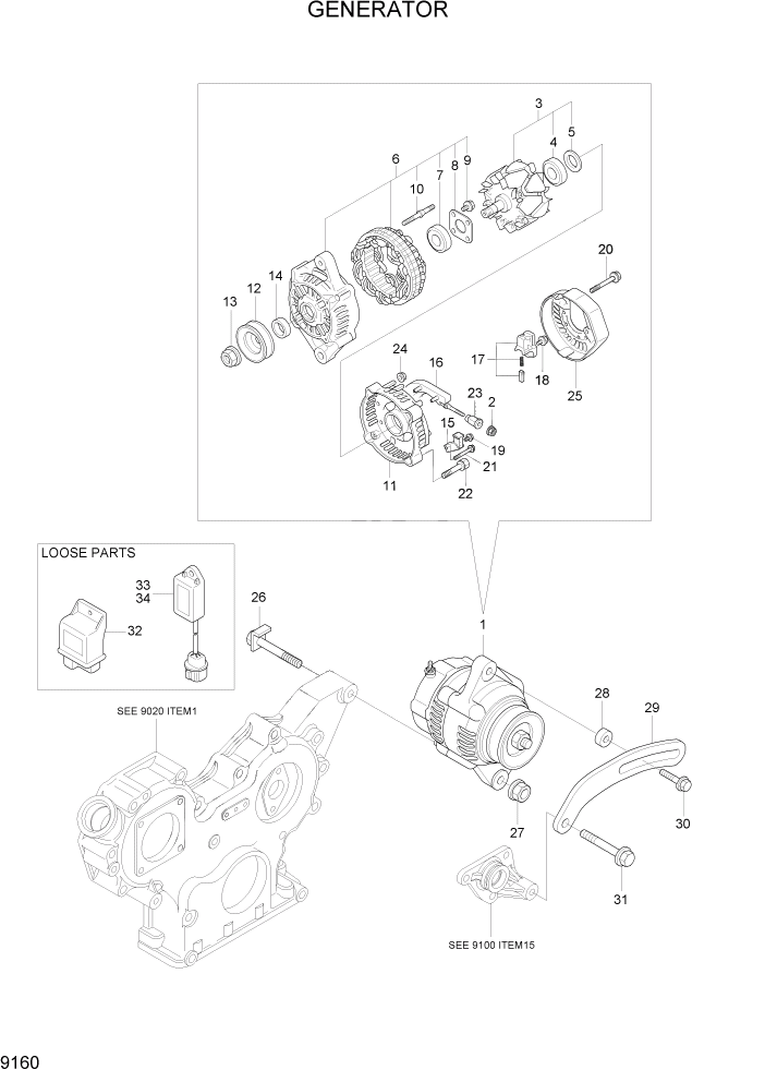 Схема запчастей Hyundai R35Z-7A - PAGE 9160 GENERATOR ДВИГАТЕЛЬ БАЗА