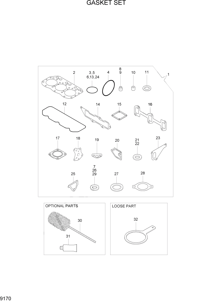 Схема запчастей Hyundai R35Z-7A - PAGE 9170 GASKET SET ДВИГАТЕЛЬ БАЗА