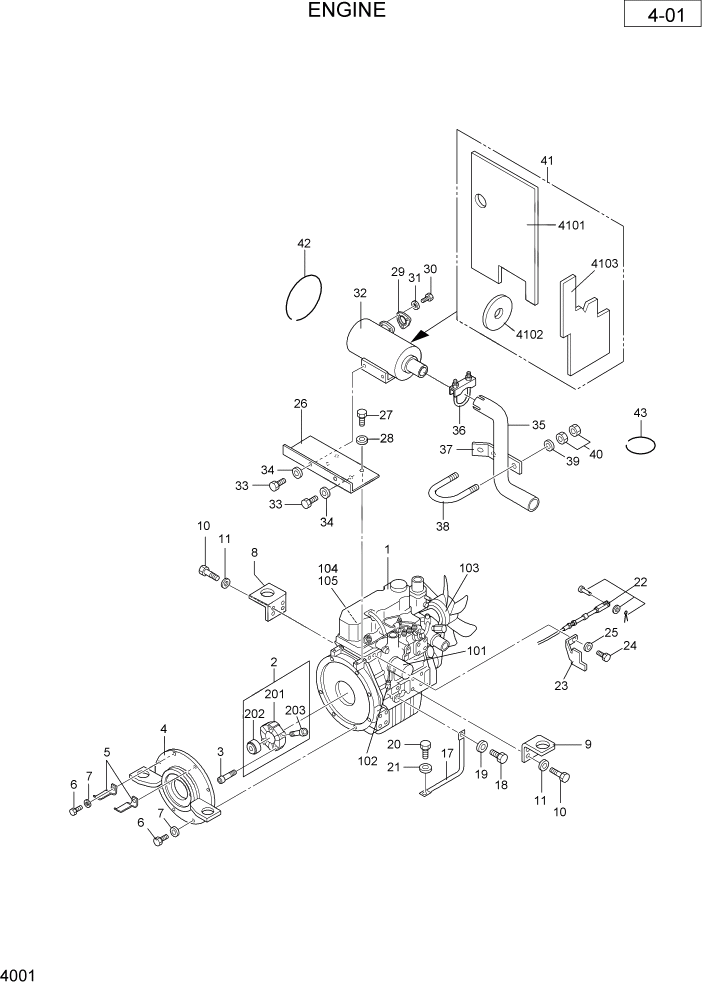 Схема запчастей Hyundai R36N-7 - PAGE 4001 ENGINE ДВИГАТЕЛЬ & РАДИАТОР СХЕМА