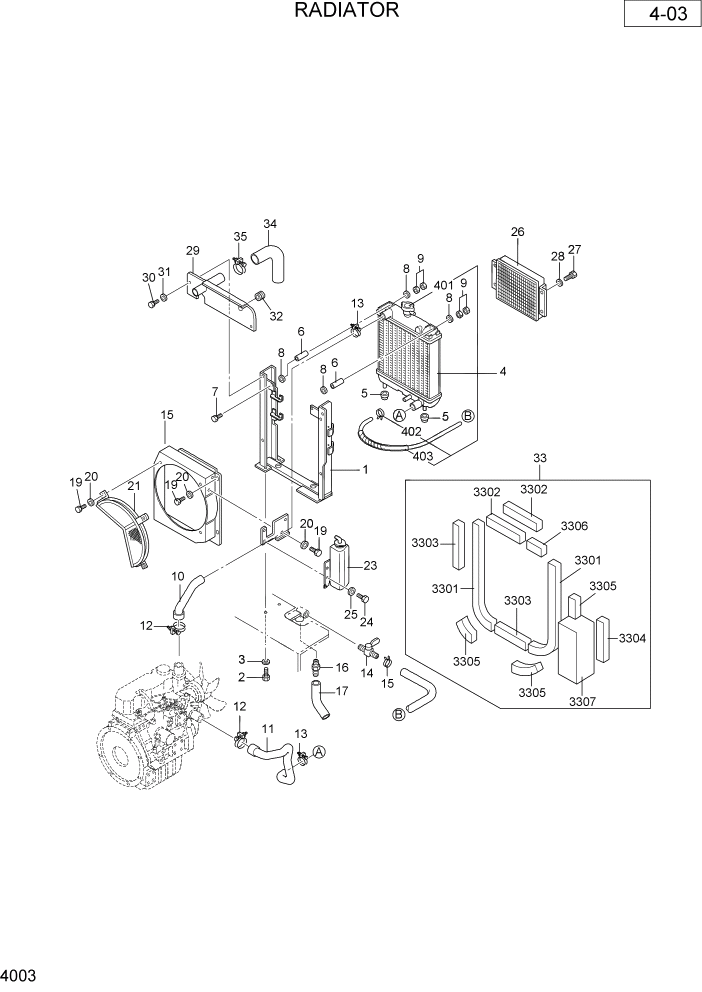 Схема запчастей Hyundai R36N-7 - PAGE 4003 RADIATOR ДВИГАТЕЛЬ & РАДИАТОР СХЕМА