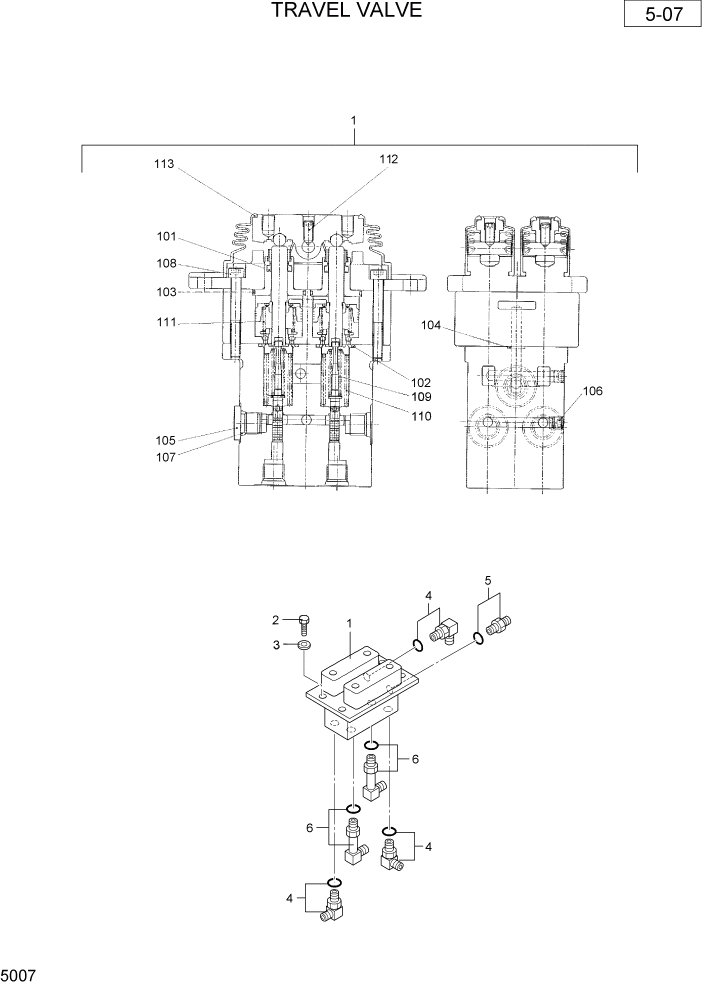 Схема запчастей Hyundai R36N-7 - PAGE 5007 TRAVEL VALVE ГИДРАВЛИЧЕСКАЯ СХЕМА