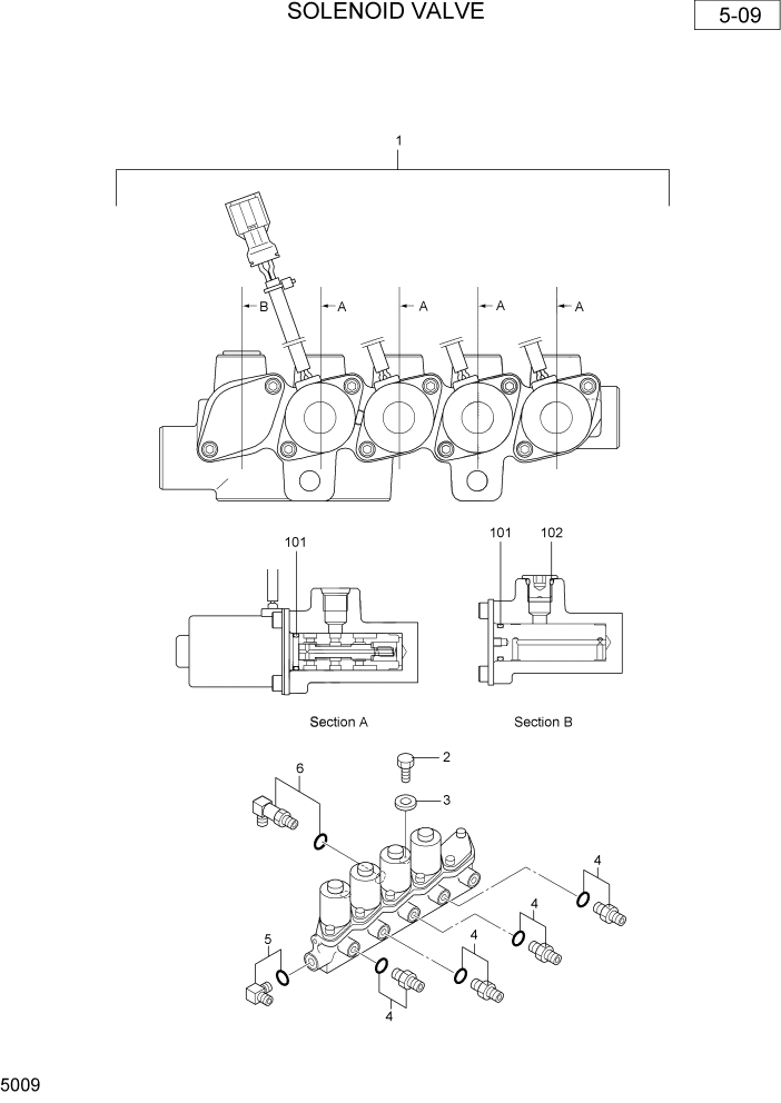 Схема запчастей Hyundai R36N-7 - PAGE 5009 SOLENOID VALVE ГИДРАВЛИЧЕСКАЯ СХЕМА