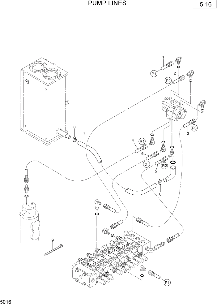 Схема запчастей Hyundai R36N-7 - PAGE 5016 PUMP LINES ГИДРАВЛИЧЕСКАЯ СХЕМА