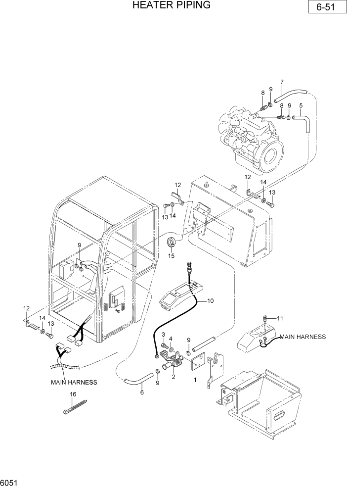 Схема запчастей Hyundai R36N-7 - PAGE 6051 HEATER PIPING ОБОРУДОВАНИЕ ОПЕРАТОРА