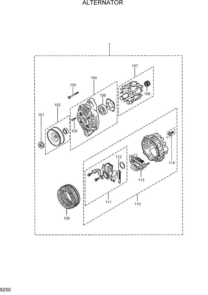 Схема запчастей Hyundai R36N-7 - PAGE 9250 ALTERNATOR ДВИГАТЕЛЬ БАЗА