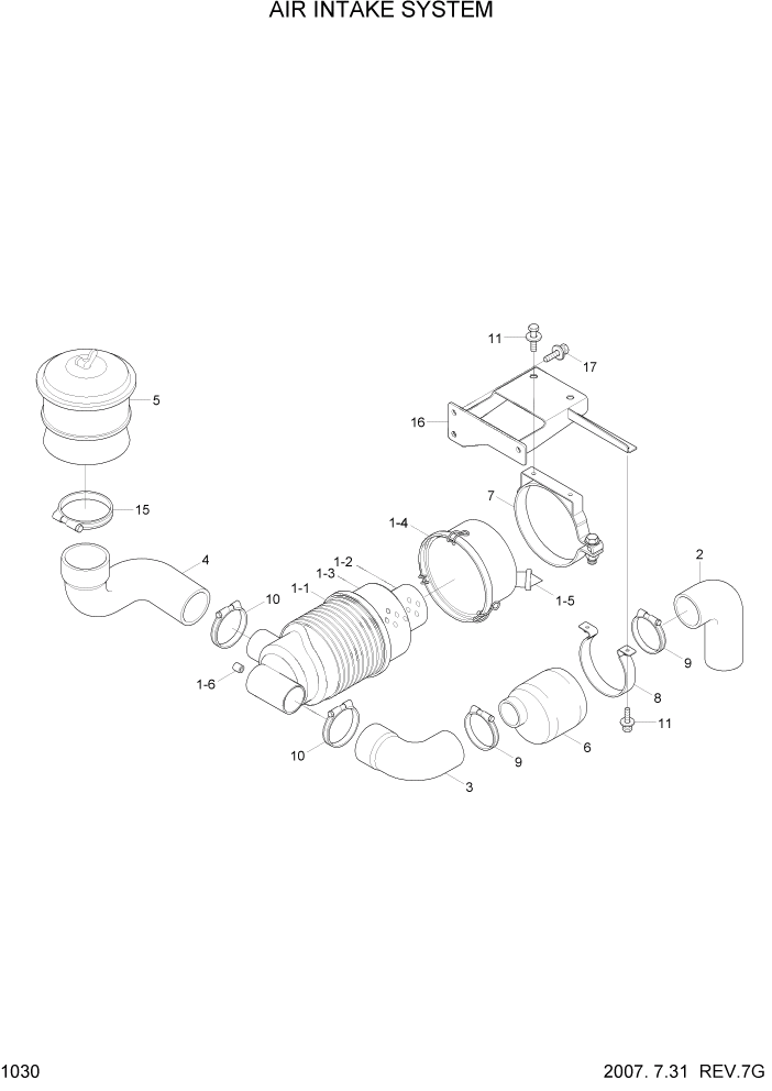 Схема запчастей Hyundai R55-7 - PAGE 1030 AIR INTAKE SYSTEM СИСТЕМА ДВИГАТЕЛЯ