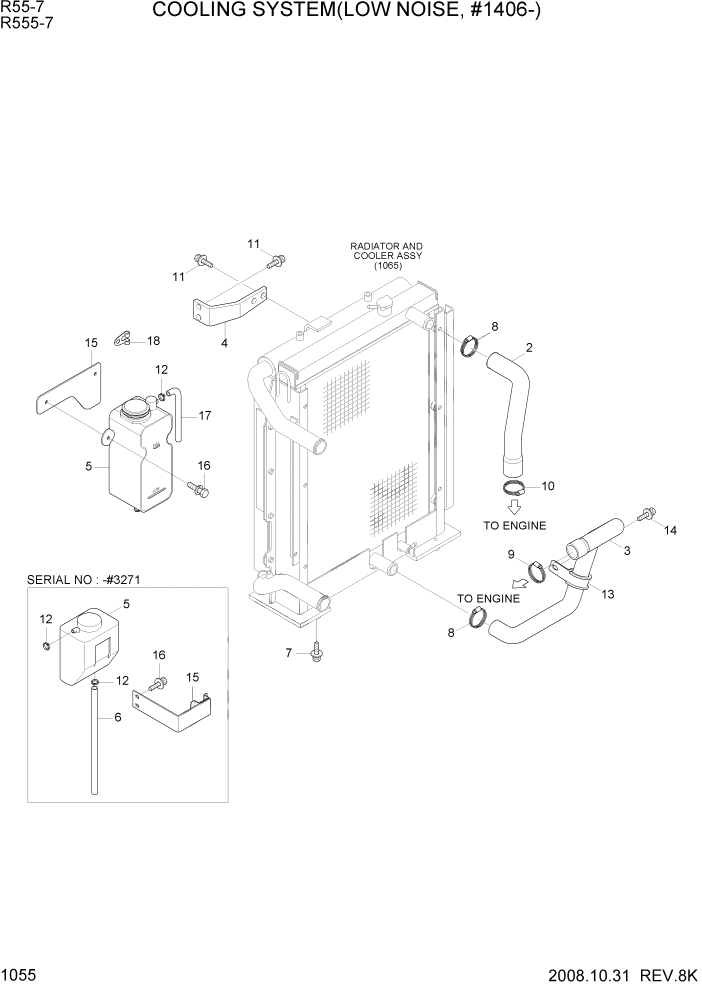 Схема запчастей Hyundai R55-7 - PAGE 1055 COOLING SYSTEM(LOW NOISE, #1406-) СИСТЕМА ДВИГАТЕЛЯ