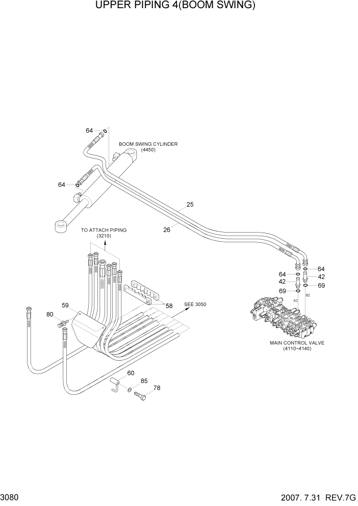 Схема запчастей Hyundai R55-7 - PAGE 3080 UPPER HYDRAULIC PIPING 5(B/SWING) ГИДРАВЛИЧЕСКАЯ СИСТЕМА