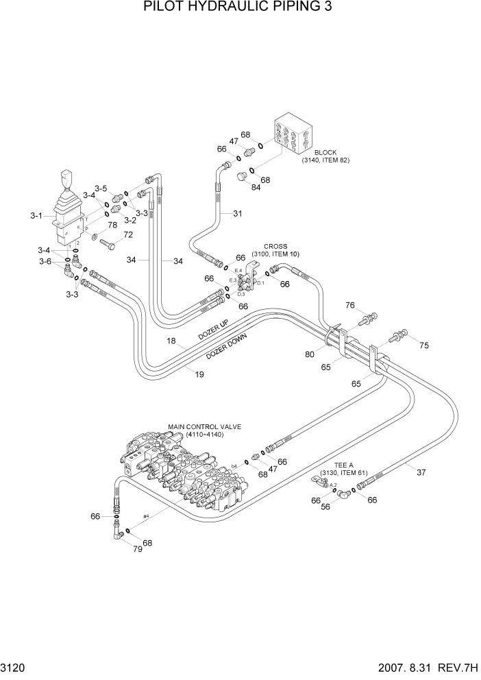 Схема запчастей Hyundai R55-7 - PAGE 3120 PILOT HYDRAULIC PIPING 3 ГИДРАВЛИЧЕСКАЯ СИСТЕМА