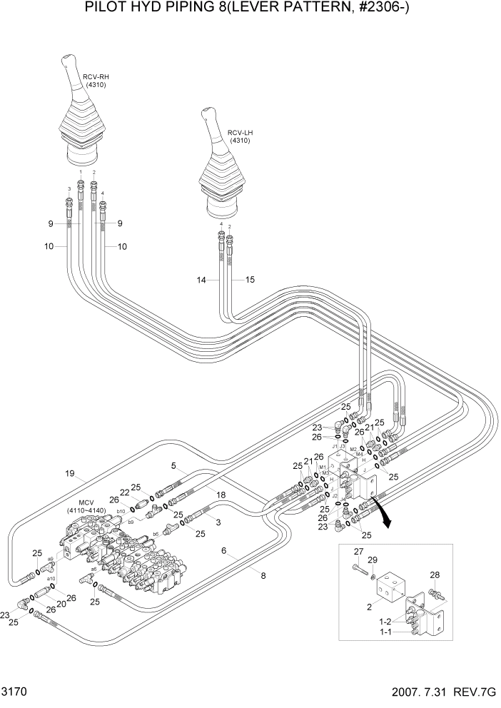 Схема запчастей Hyundai R55-7 - PAGE 3170 PILOT HYD PIPING 8(LEVER PATTERN,#2306-) ГИДРАВЛИЧЕСКАЯ СИСТЕМА