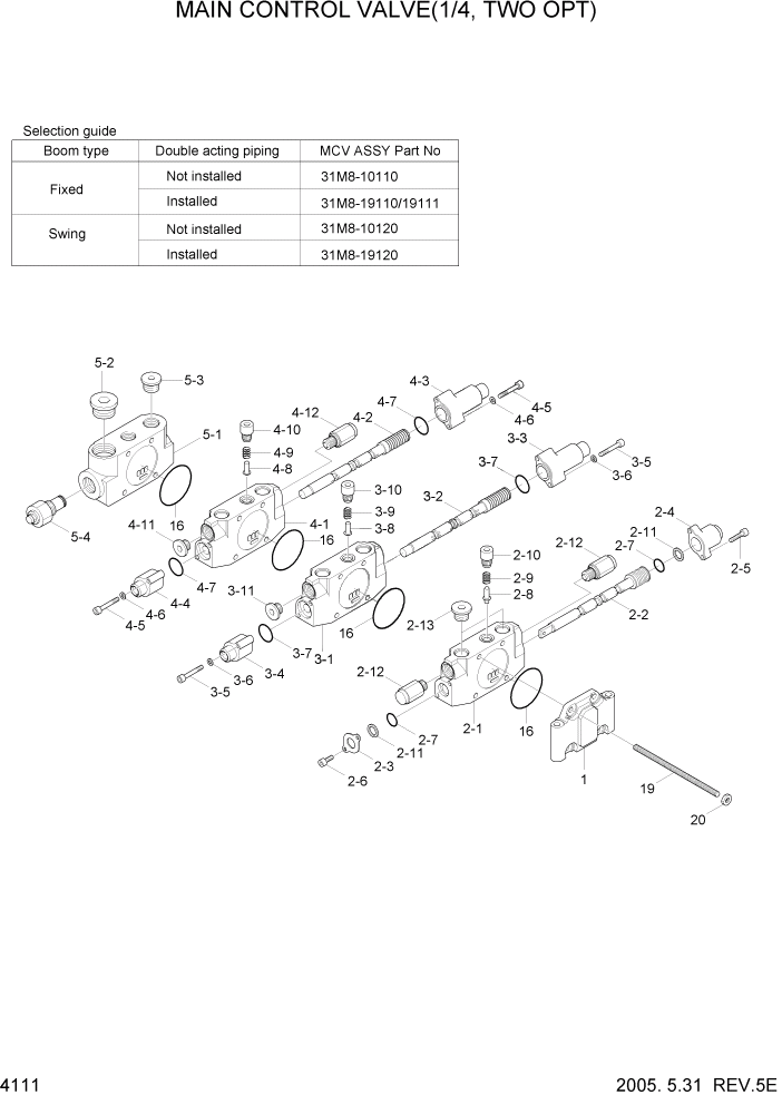 Схема запчастей Hyundai R55-7 - PAGE 4111 MAIN CONTROL VALVE(1/4, TWO OPT) ГИДРАВЛИЧЕСКИЕ КОМПОНЕНТЫ