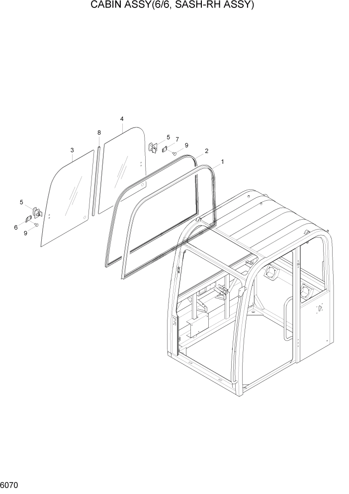 Схема запчастей Hyundai R55-7 - PAGE 6070 CABIN ASSY(6/6, SASH-RH ASSY) СТРУКТУРА