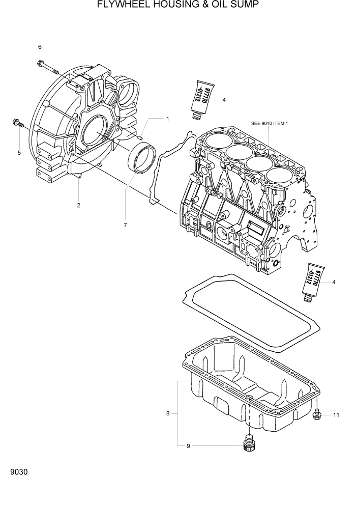 Схема запчастей Hyundai R55-7 - PAGE 9030 FLYWHEEL HOUSING & OIL SUMP ДВИГАТЕЛЬ БАЗА