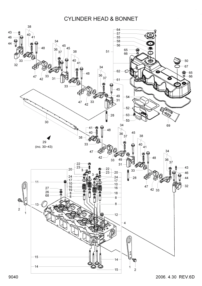 Схема запчастей Hyundai R55-7 - PAGE 9040 CYLINDER HEAD & BONNET ДВИГАТЕЛЬ БАЗА