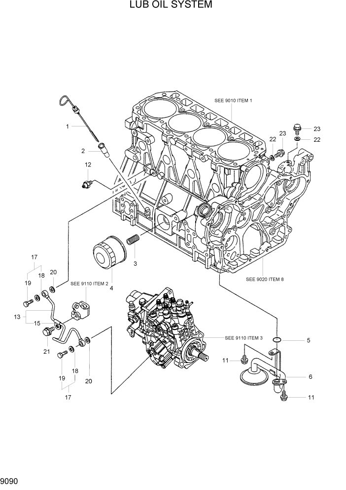 Схема запчастей Hyundai R55-7 - PAGE 9090 LUB OIL SYSTEM ДВИГАТЕЛЬ БАЗА