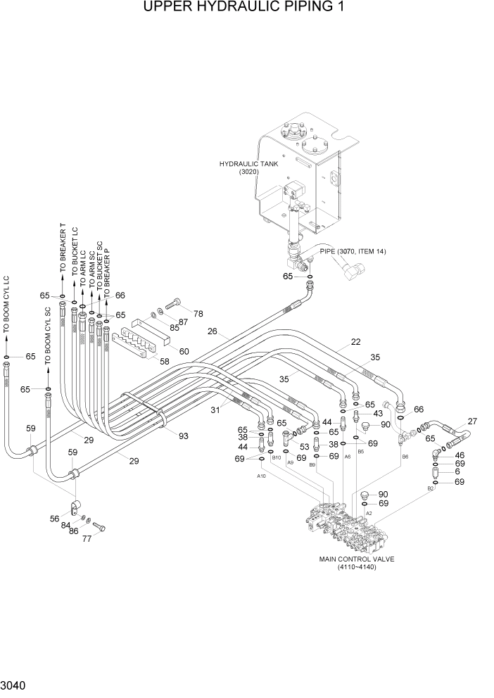 Схема запчастей Hyundai R55-7A - PAGE 3040 UPPER HYDRAULIC PIPING 1 ГИДРАВЛИЧЕСКАЯ СИСТЕМА