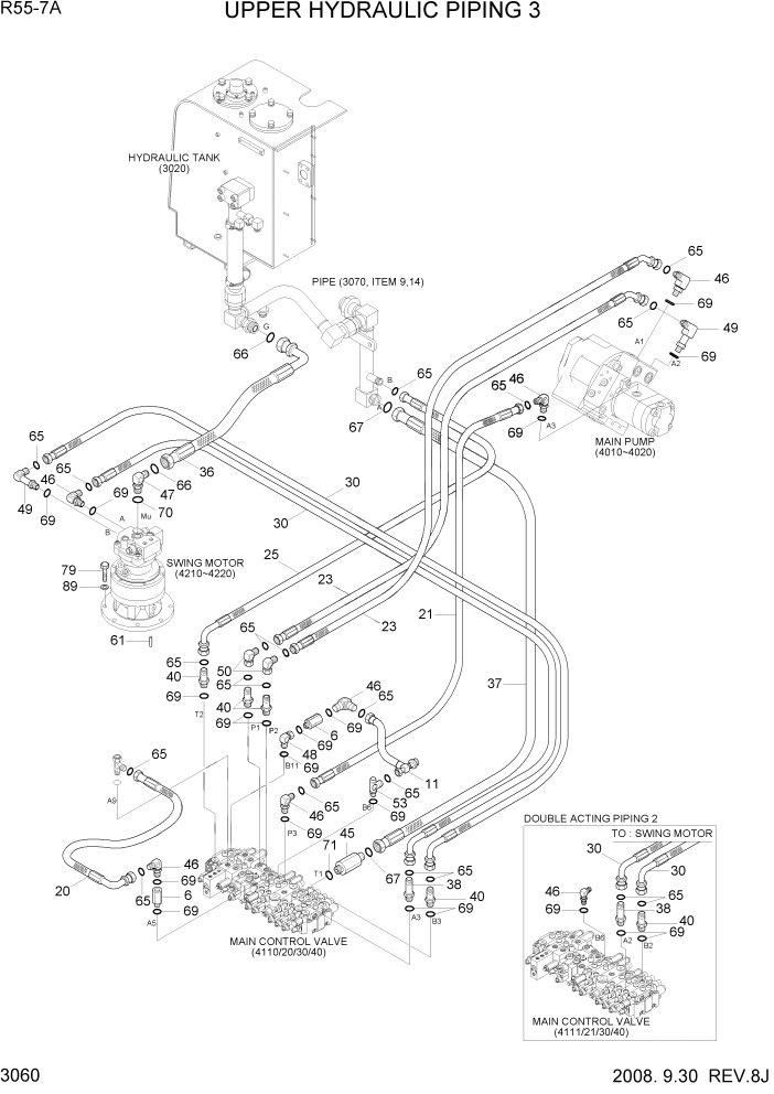 Схема запчастей Hyundai R55-7A - PAGE 3060 UPPER HYDRAULIC PIPING 3 ГИДРАВЛИЧЕСКАЯ СИСТЕМА