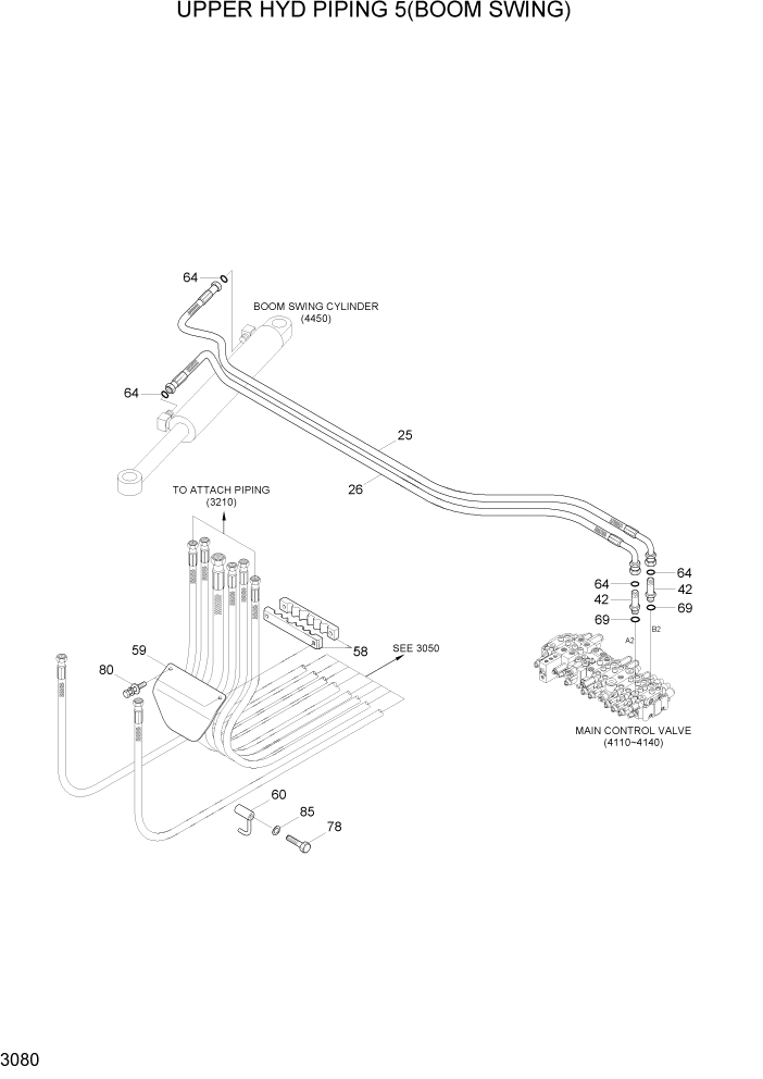 Схема запчастей Hyundai R55-7A - PAGE 3080 UPPER HYDRAULIC PIPING 5(B/SWING) ГИДРАВЛИЧЕСКАЯ СИСТЕМА