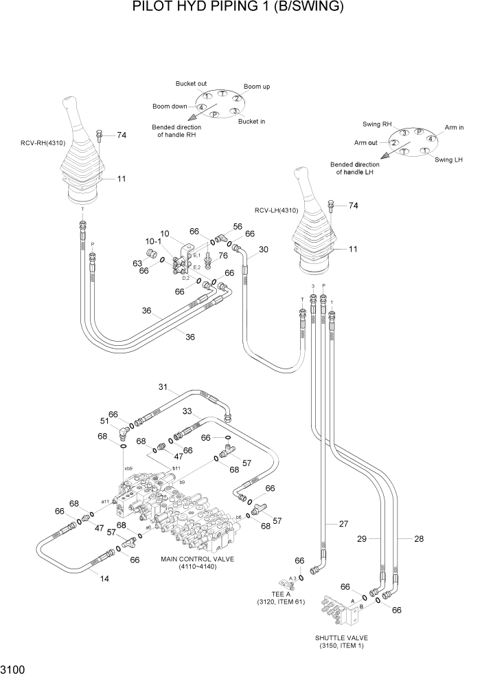 Схема запчастей Hyundai R55-7A - PAGE 3100 PILOT HYD PIPING 1 (B/SWING) ГИДРАВЛИЧЕСКАЯ СИСТЕМА