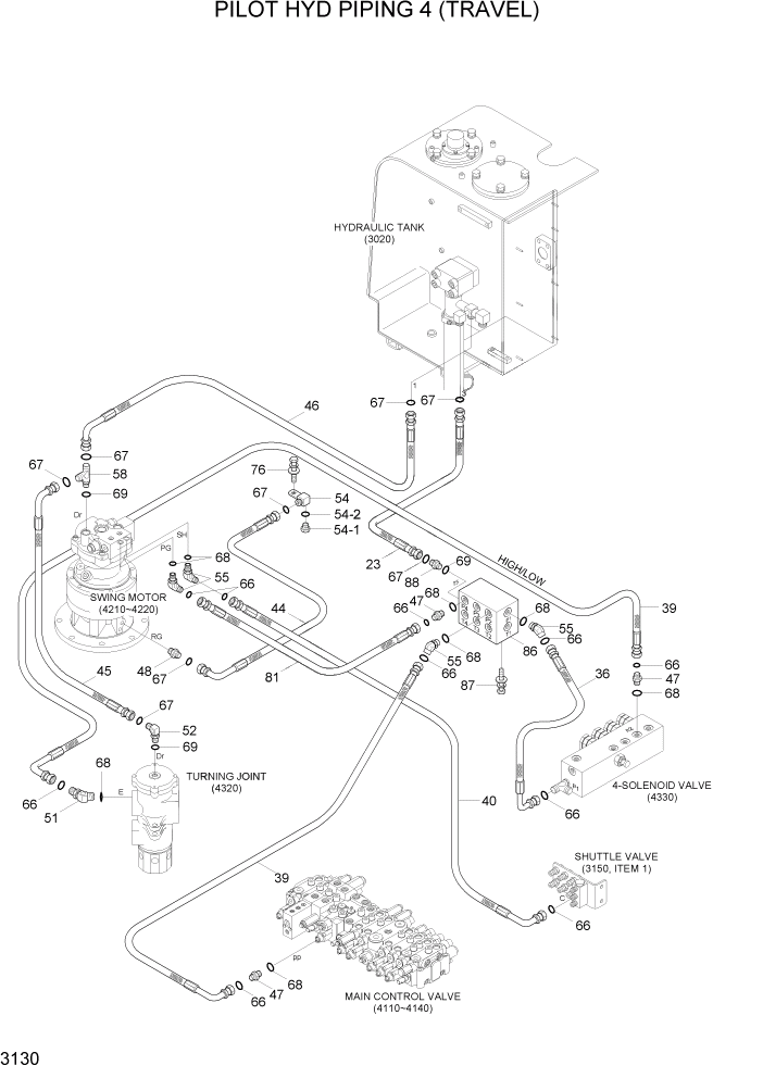 Схема запчастей Hyundai R55-7A - PAGE 3130 PILOT HYD PIPING 4 (TRAVEL) ГИДРАВЛИЧЕСКАЯ СИСТЕМА