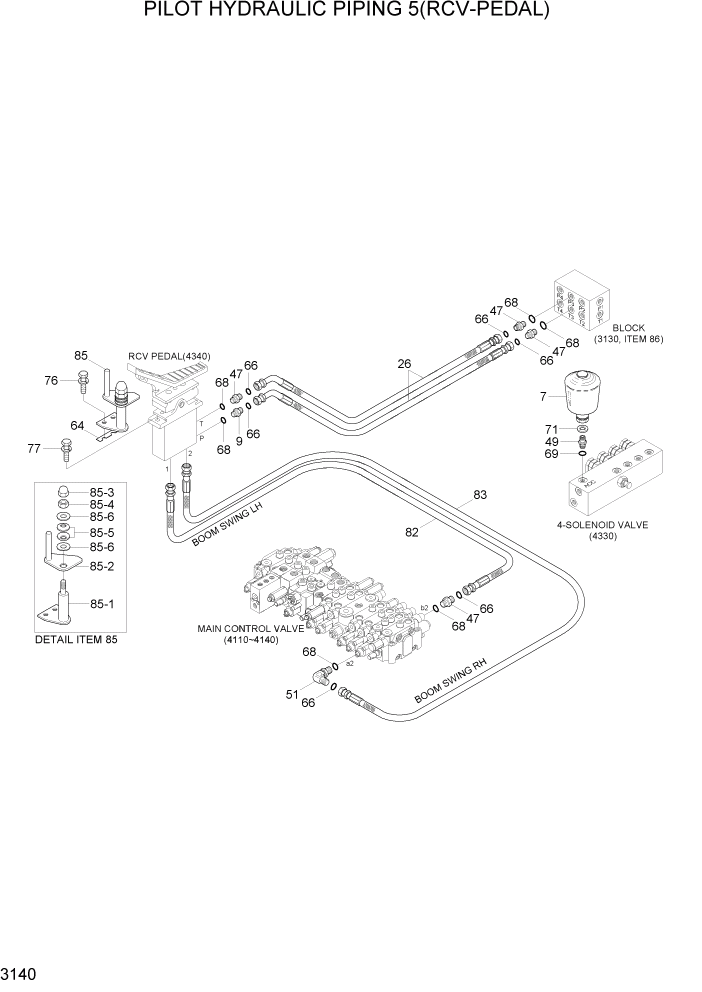 Схема запчастей Hyundai R55-7A - PAGE 3140 PILOT HYD PIPING 5 (RCV-PEDAL) ГИДРАВЛИЧЕСКАЯ СИСТЕМА